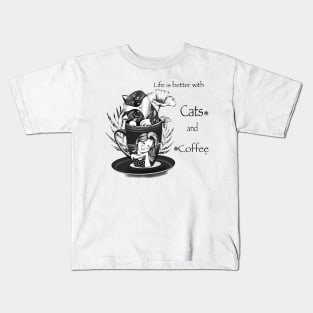 Coffee and Cat with Girl Kids T-Shirt